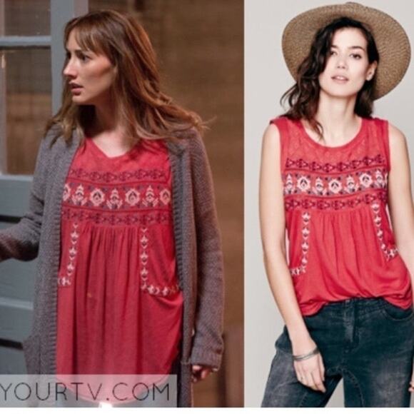 Free People Boho Top Linen Viscose embroidered Red Sleeveless Tunic - Picture 1 of 7
